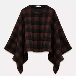 Zara Brown and Black Checkered Cape Style Poncho